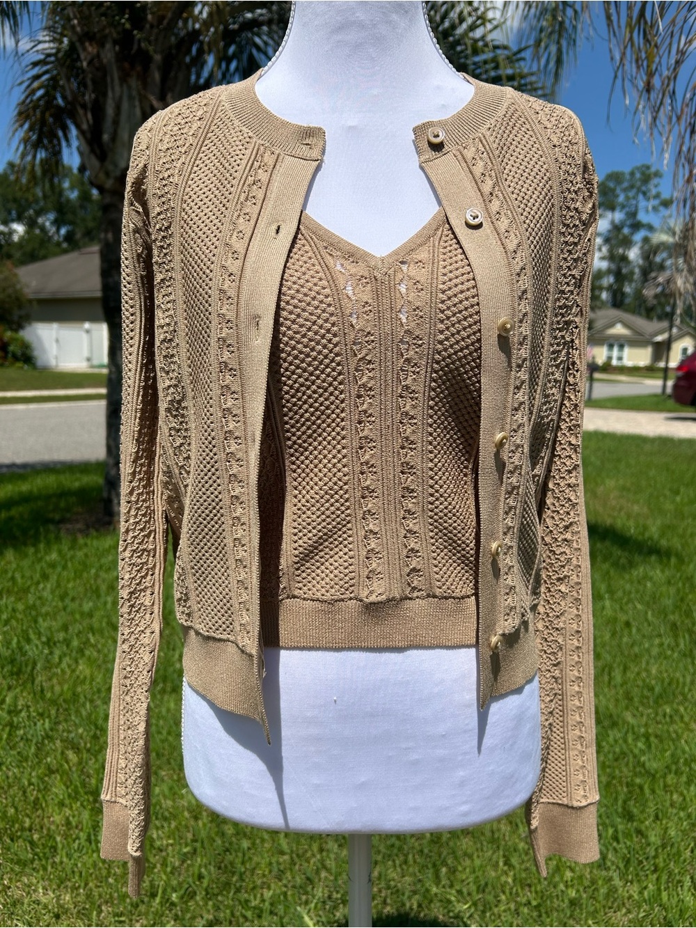 Express Beige V-Neck Knit Cardigan & Tank Set